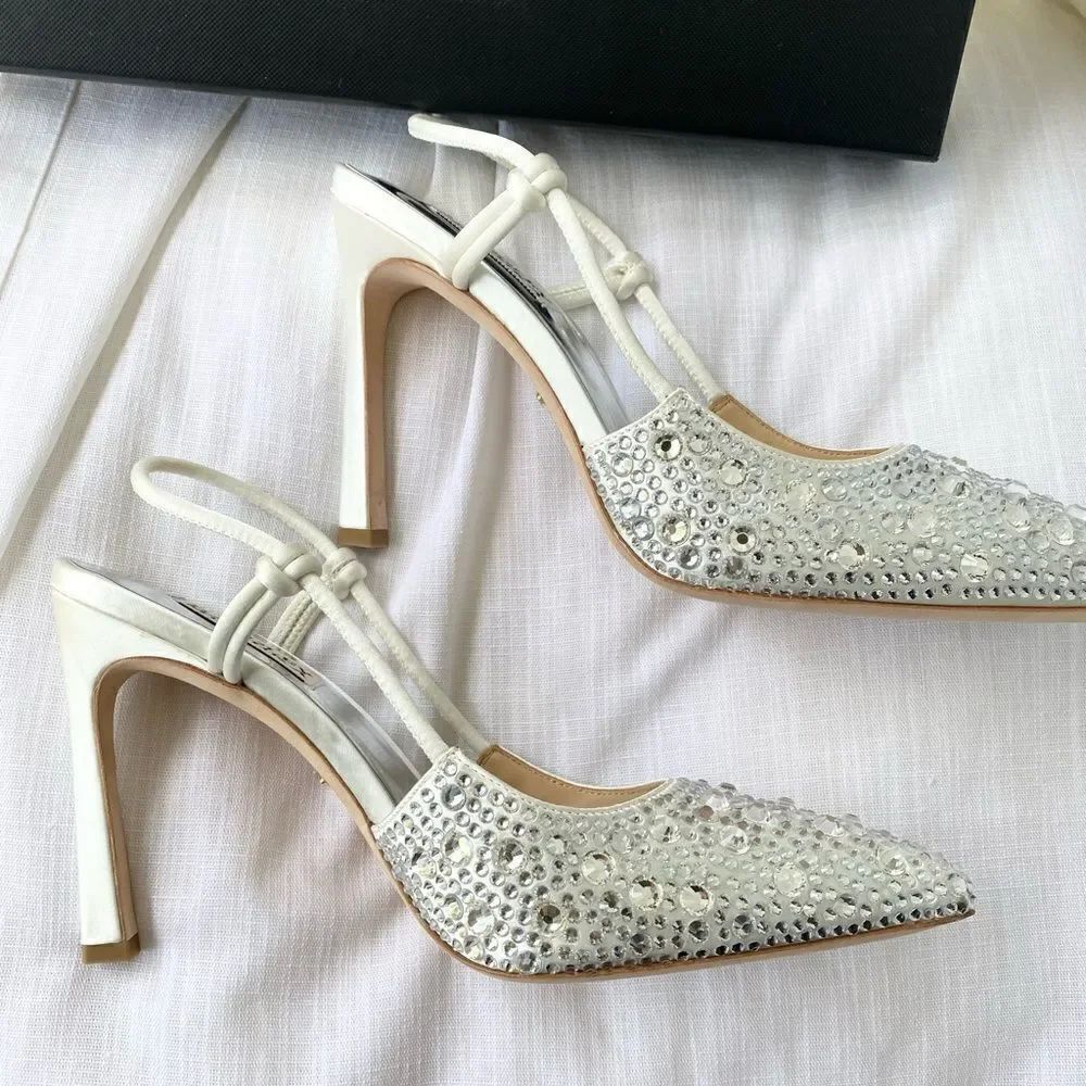 Badgley Mischka Maine Crystal Slingback Heels White Satin Bridal Size 8.5
